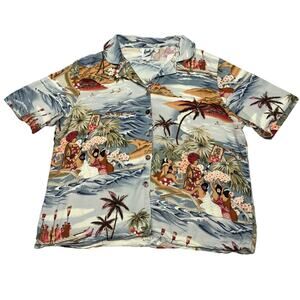 Vintage 80s Tapestry Hawaiian Aloha Shirt Men's Medium Island Palm Tree Canoe